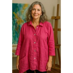 Christopher Calvin Top Womens Medium Lagenlook Hot Pink Linen Asymmetric Minimal